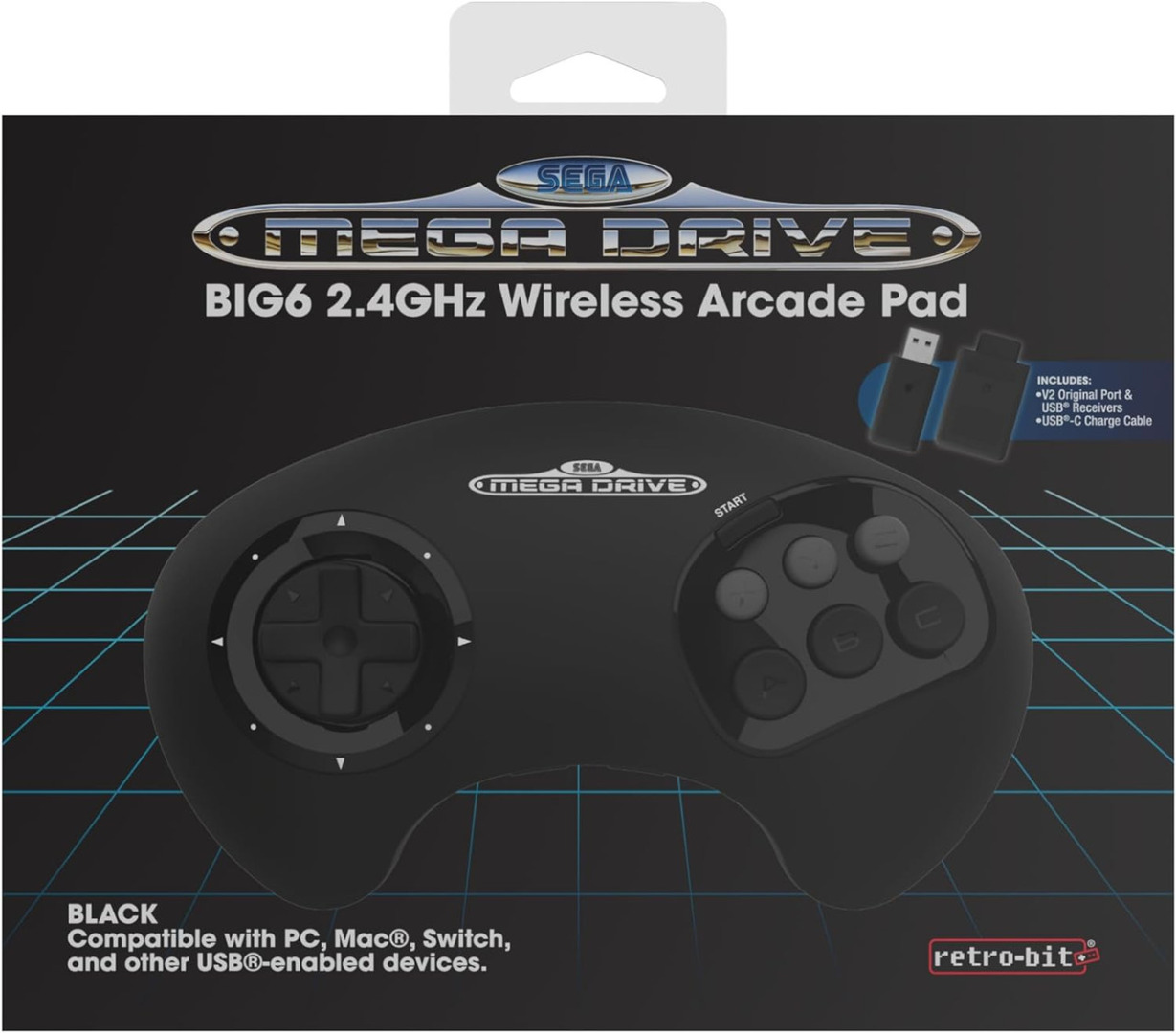 Retro-Bit SEGA MegaDrive BIG6 2.4GHz Wireless controller (Black)